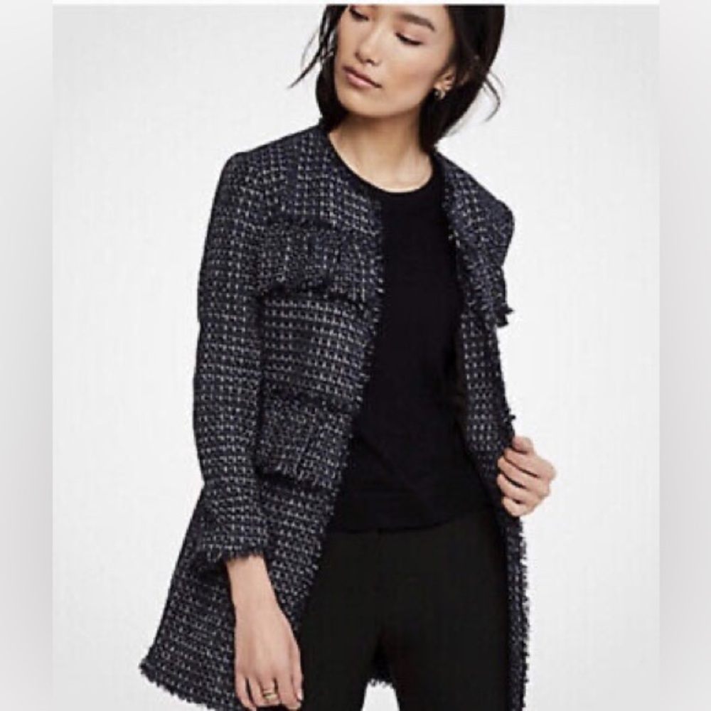 Ann Taylor Navy Blue Tweed Ruffle Coat Work Jacket L